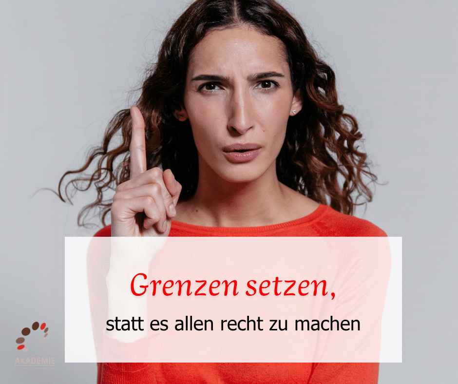 Blog-Artikel – Grenzen setzen – Frau mit Vorsicht-Finger und skeptischem Gesicht.